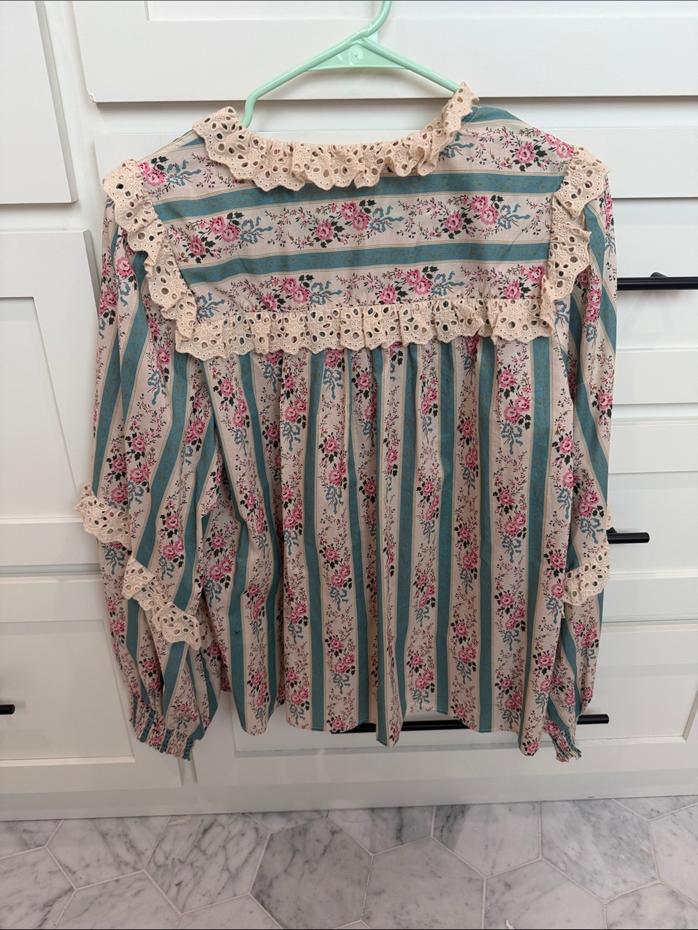 BiBi Cream Blouse with Teal Stripes and Pink Floral Print - Picture 3 of 3